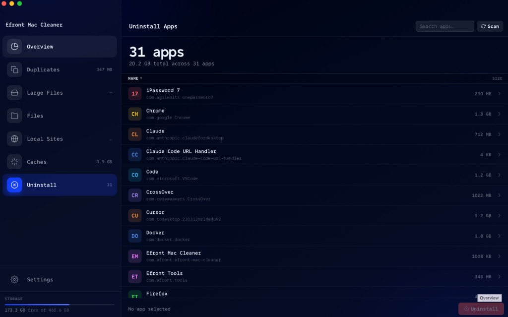 App Uninstaller showing installed apps with sizes